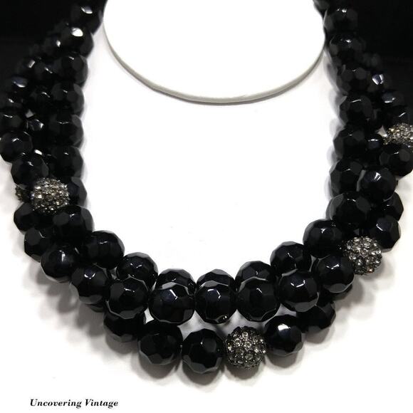Vintage Black Glass Rhinestone 3 Strand Bead Necklace, Strung Wire, 1990s, 18" - Picture 1 of 7